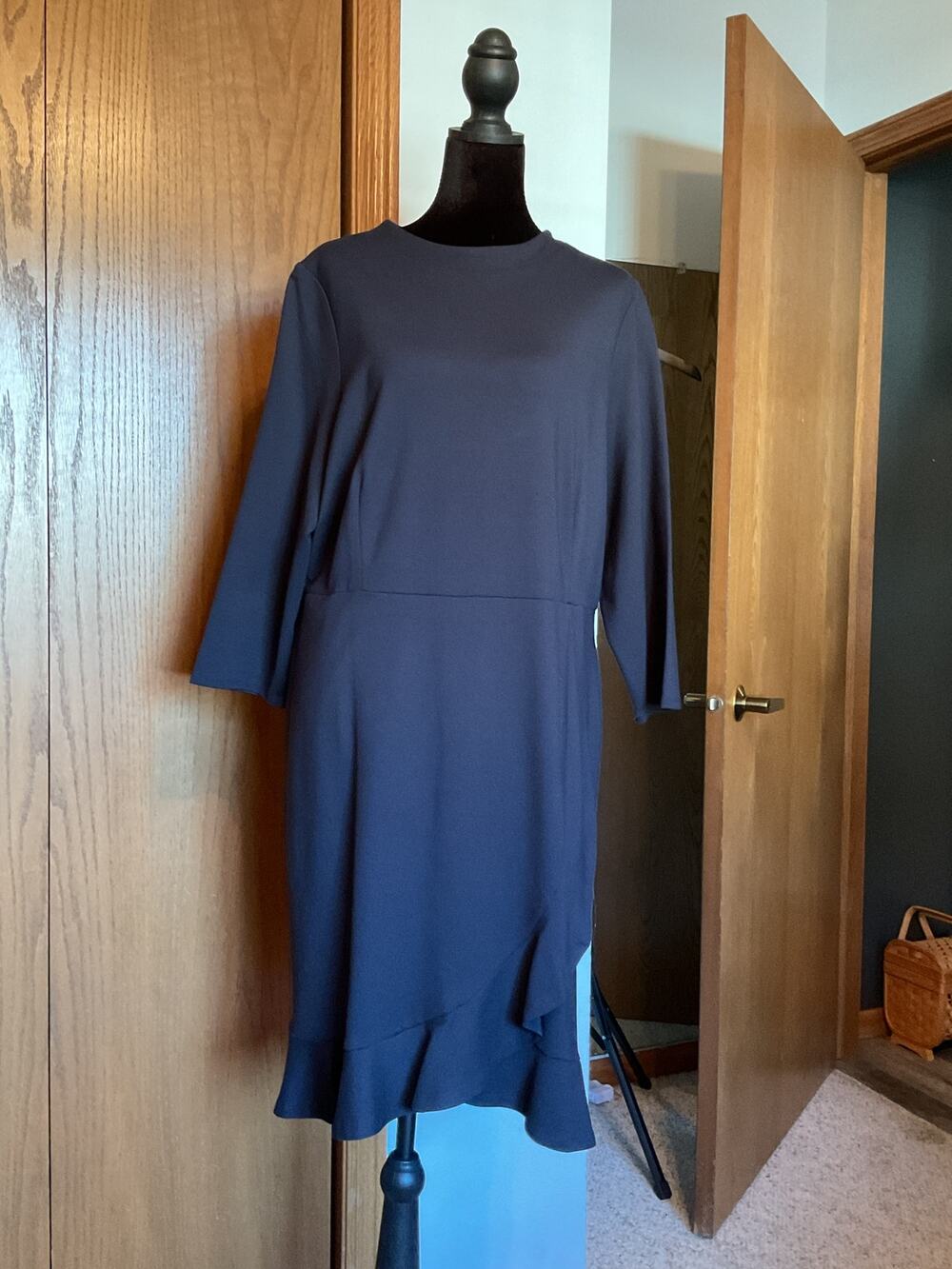 NWT J. Jill Navy Blue Ponte Knit Dress Midi Flounce Hem 3/4 Sleeve XLP KDR168542